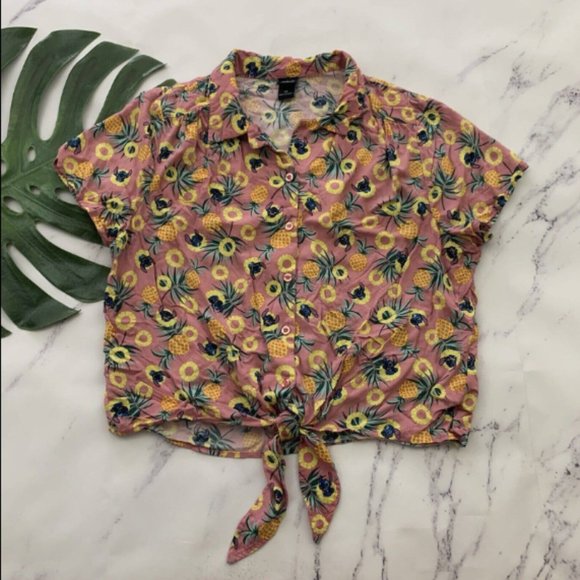 Accessories - Disney Womens Lilo & Stitch Tie Front Crop Top Size L Pink Tropical Pineapple